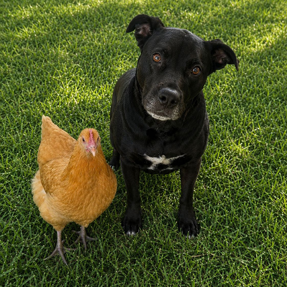 Robert Perkin’s pets - Mustard is the Chicken and Judy is the dog.