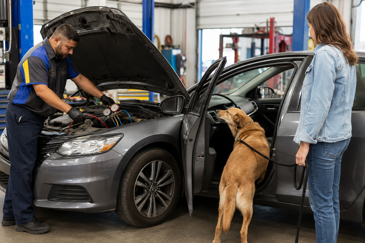 Denison Car Pros technician inspecting a vehicle while a dog supervises