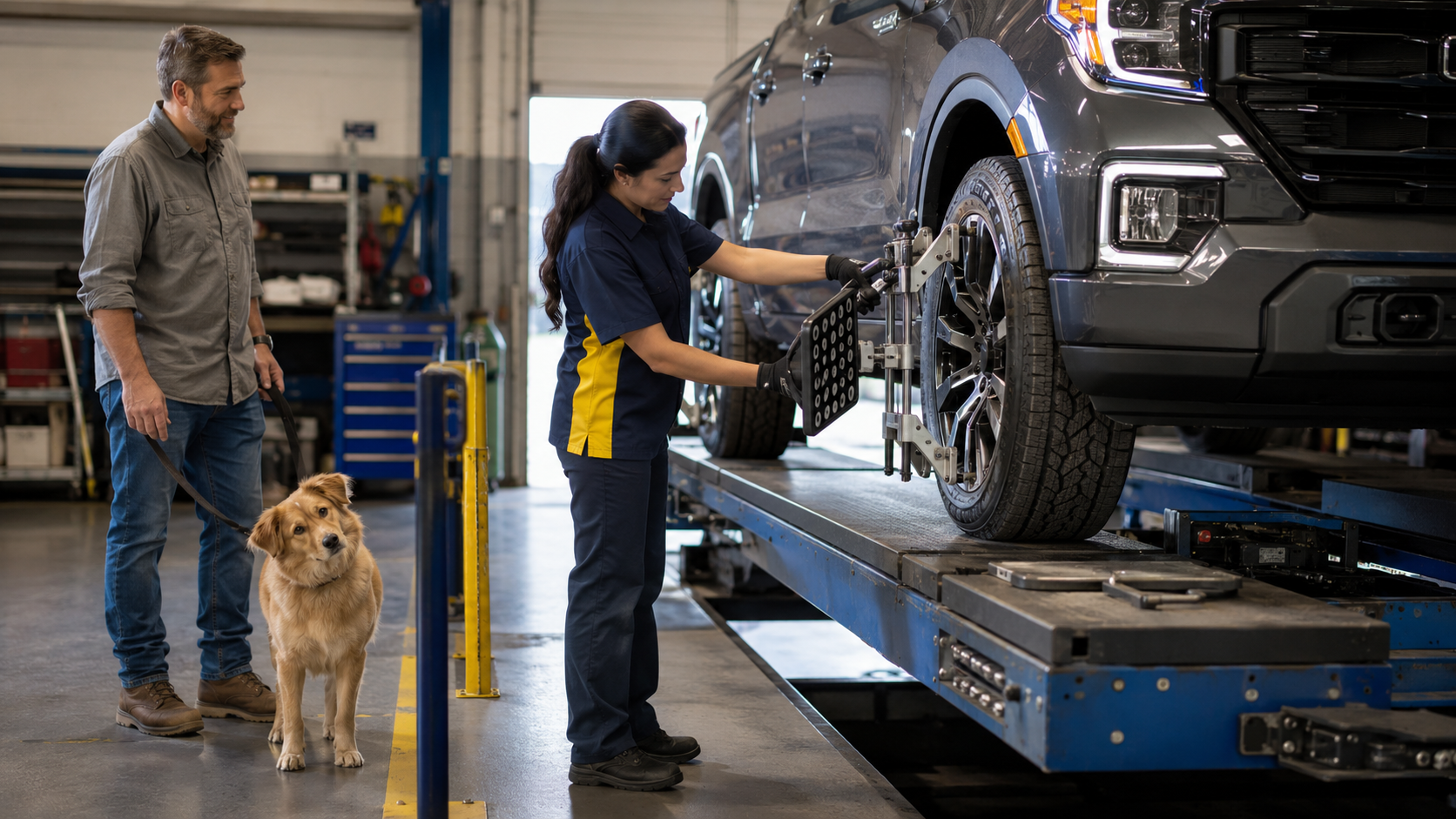 Denison Car Pros technician inspecting a vehicle while a dog supervises