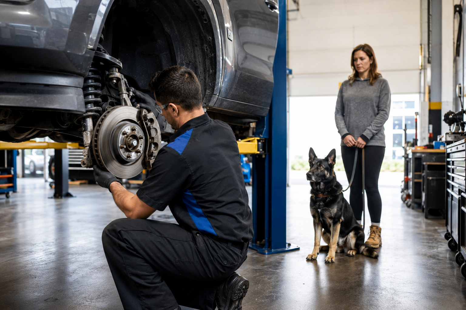 Denison Car Pros technician inspecting a vehicle while a dog supervises