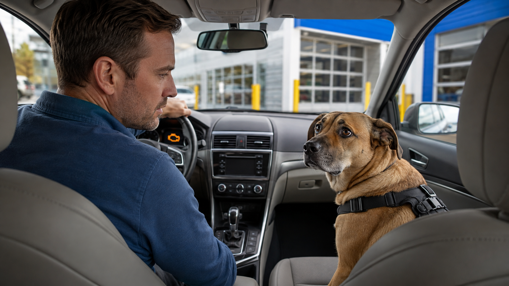 Denison Car Pros technician inspecting a vehicle while a dog supervises