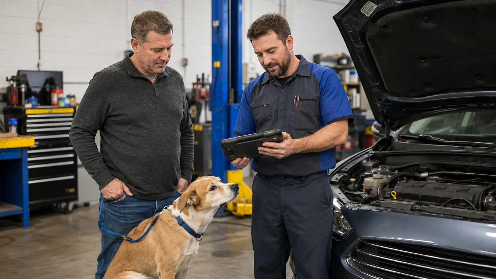 Denison Car Pros technician inspecting a vehicle while a dog supervises