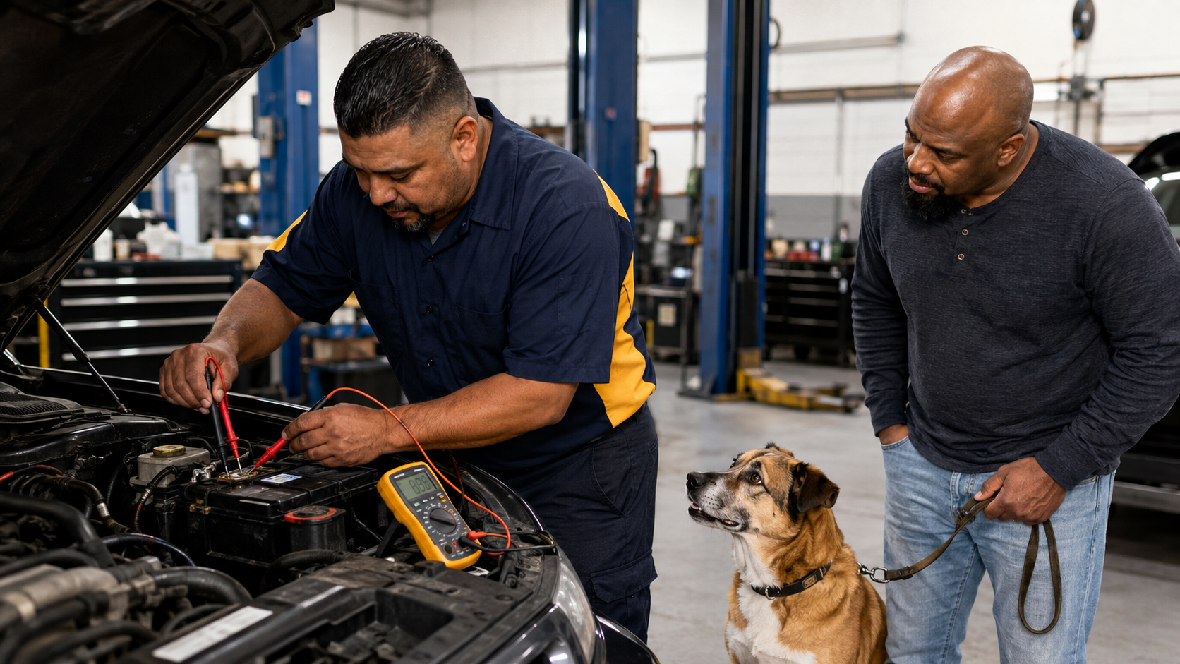 Denison Car Pros technician inspecting a vehicle while a dog supervises