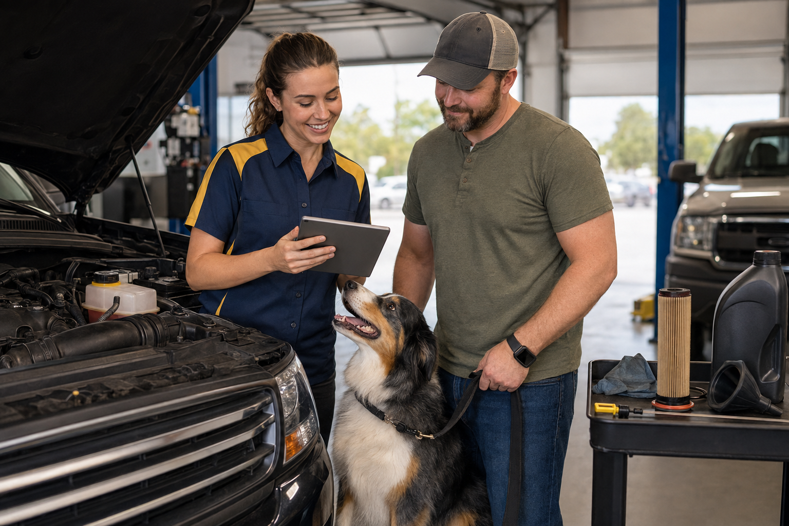 Denison Car Pros technician inspecting a vehicle while a dog supervises