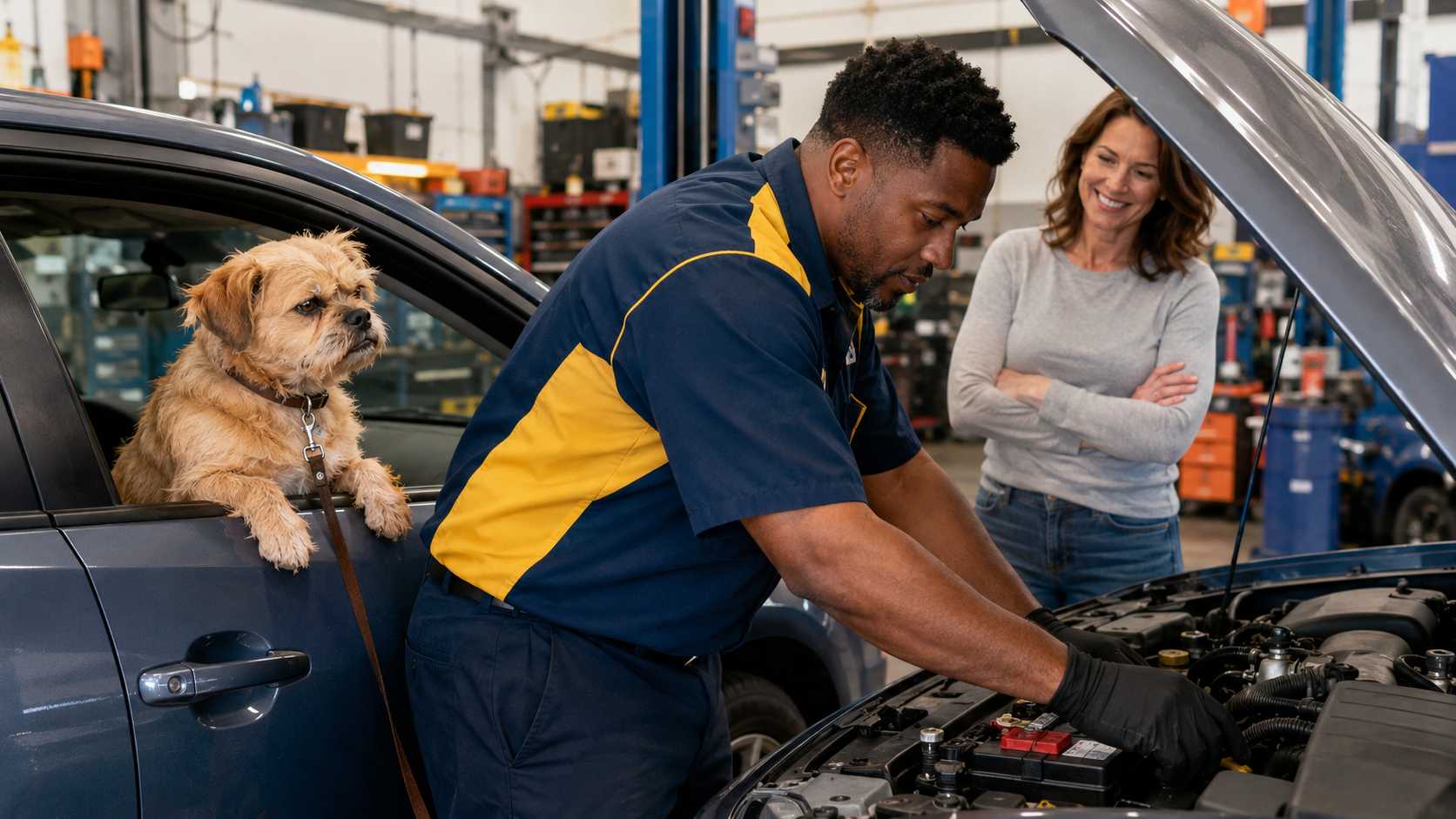 Denison Car Pros technician inspecting a vehicle while a dog supervises