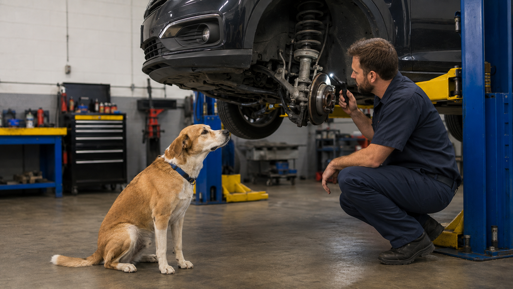 Denison Car Pros technician inspecting a vehicle while a dog supervises