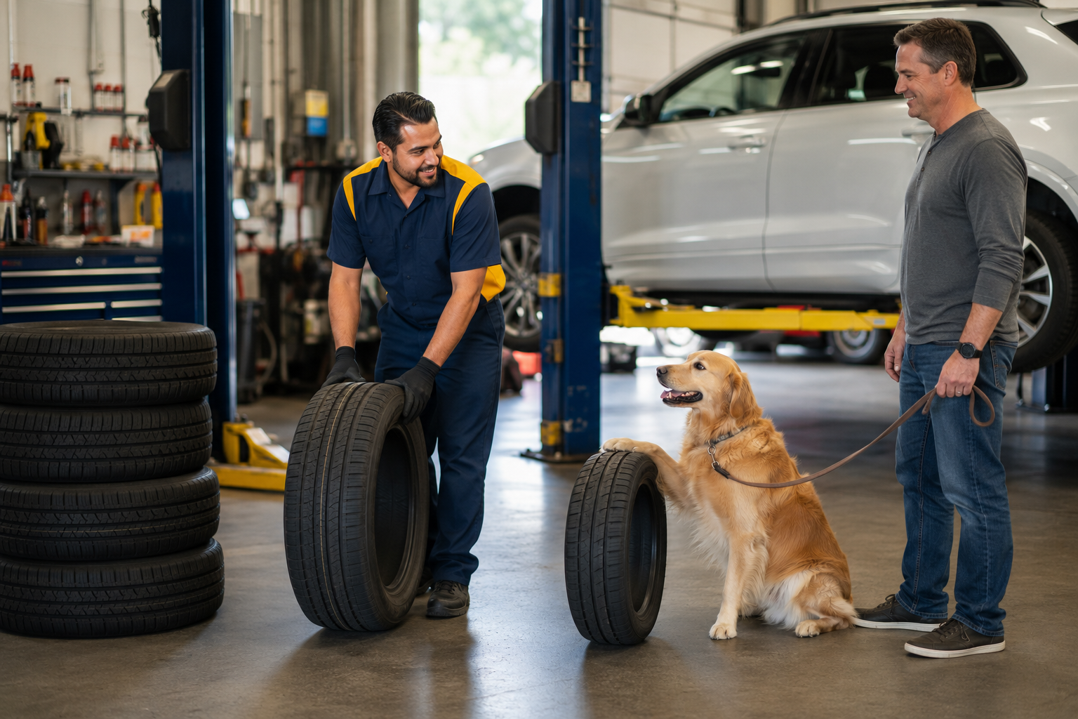 Denison Car Pros technician inspecting a vehicle while a dog supervises
